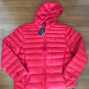 Polo Ralph Lauren Men's Down Full Zip Packable Hood Light Puffer Jacket Red L